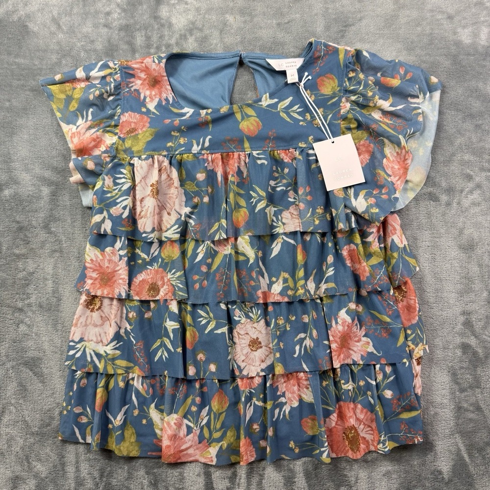LC Lauren Conrad Womens Medium Floral Tiered Blouse Blue Puff Sleeve NWT